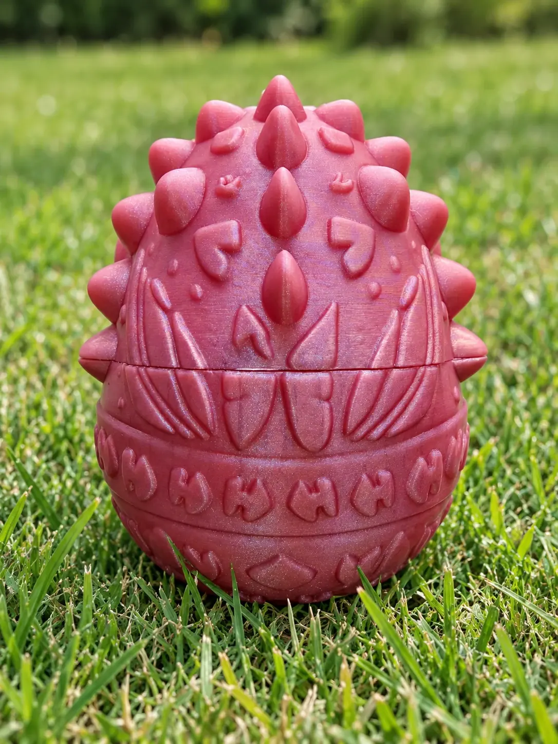 The back of the dragon egg, a row of spikes down to the seam