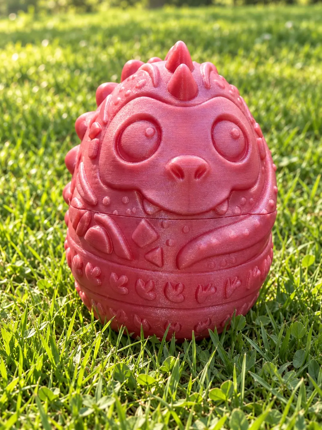 A red silk printed dragon egg on grass, front view